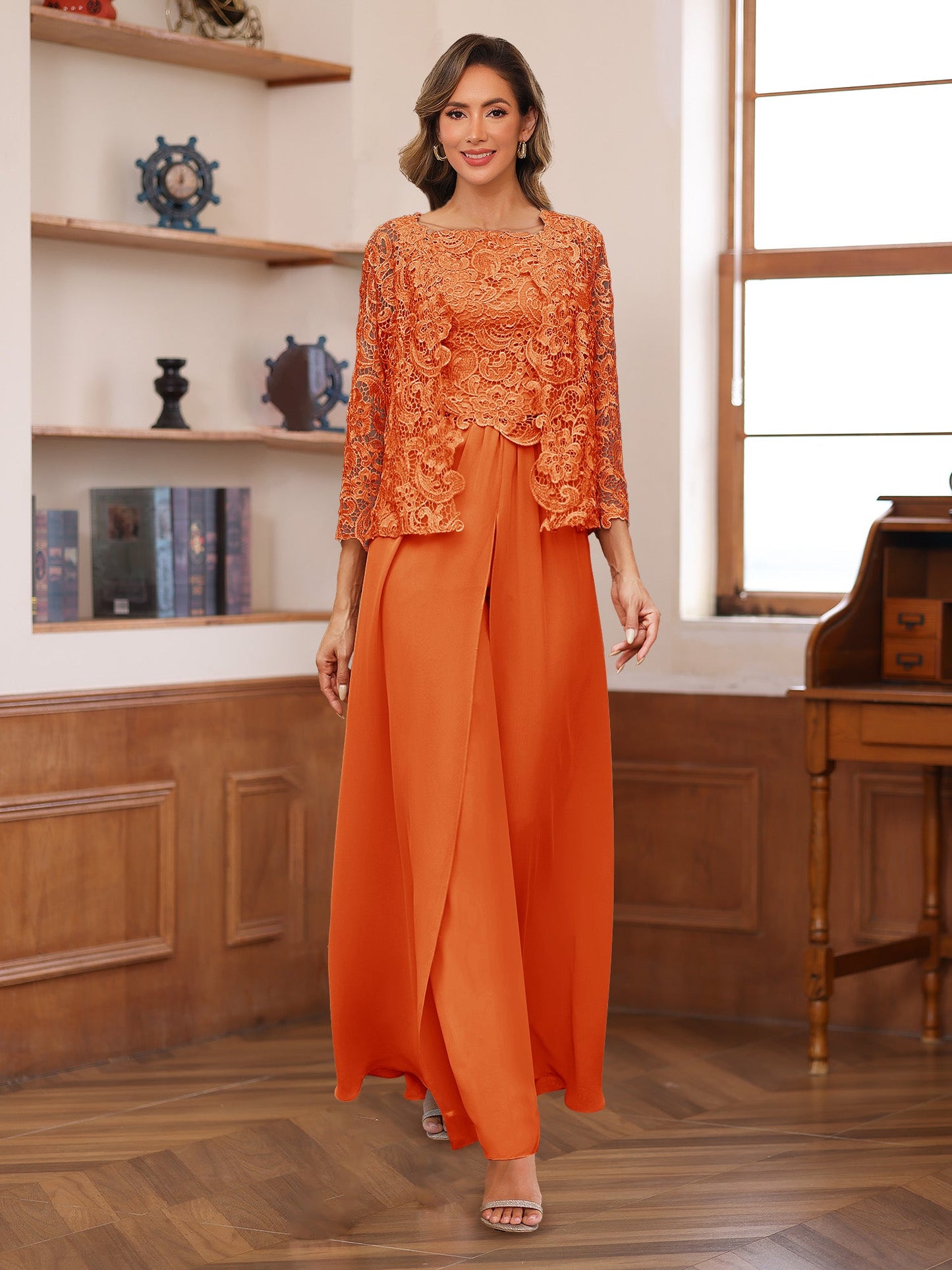 Chiffon Square Neck 3/4 Sleeves 3 Pieces Pantsuits with Appliques