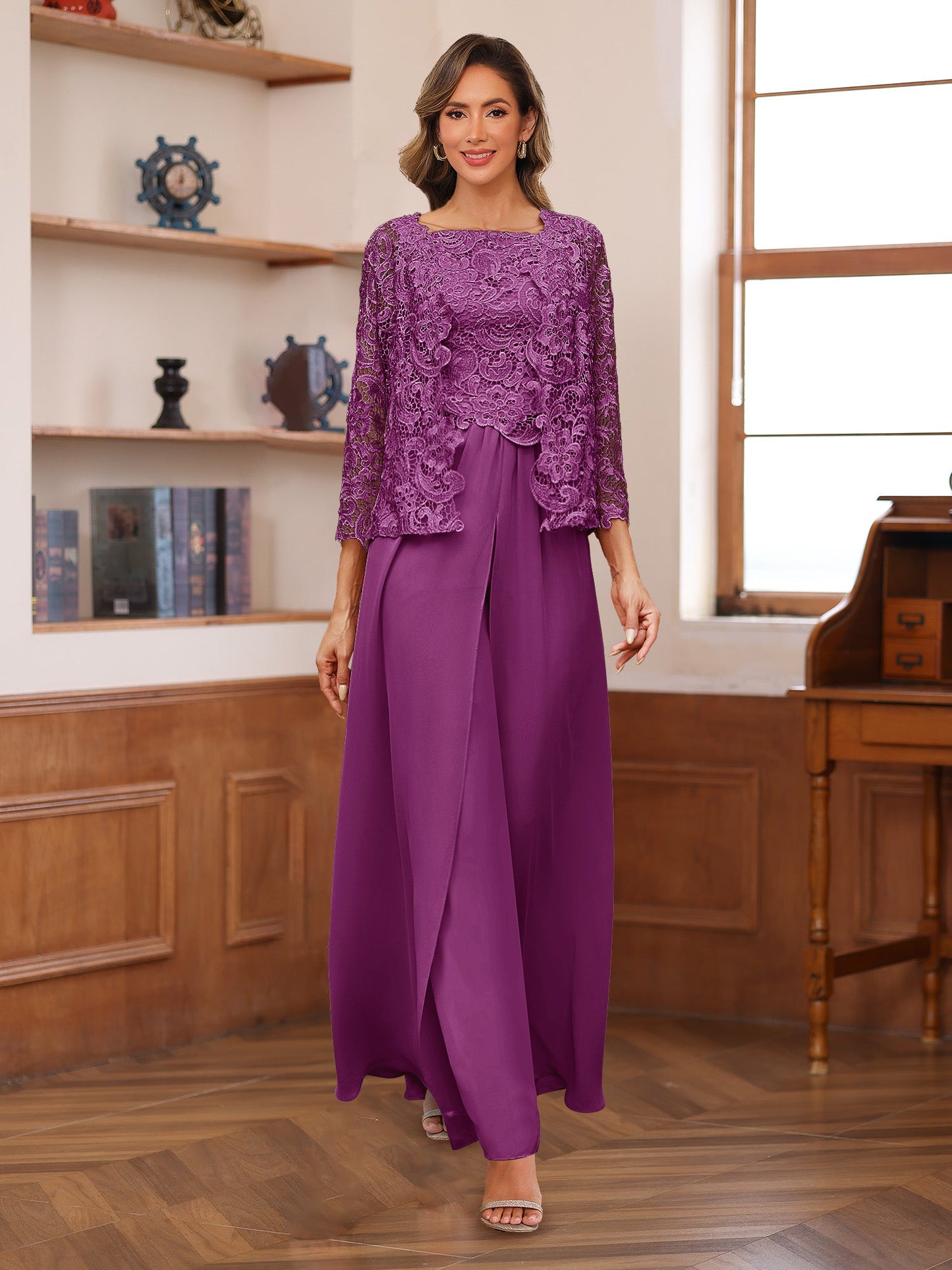 Chiffon Square Neck 3/4 Sleeves 3 Pieces Pantsuits with Appliques