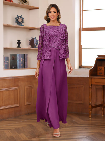 Chiffon Square Neck 3/4 Sleeves 3 Pieces Pantsuits with Appliques