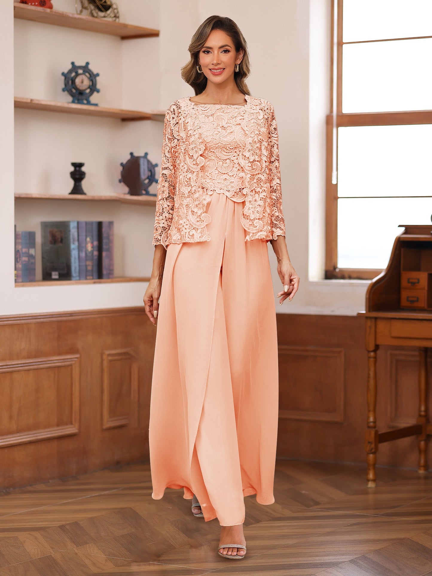Chiffon Square Neck 3/4 Sleeves 3 Pieces Pantsuits with Appliques