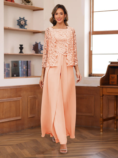 Chiffon Square Neck 3/4 Sleeves 3 Pieces Pantsuits with Appliques