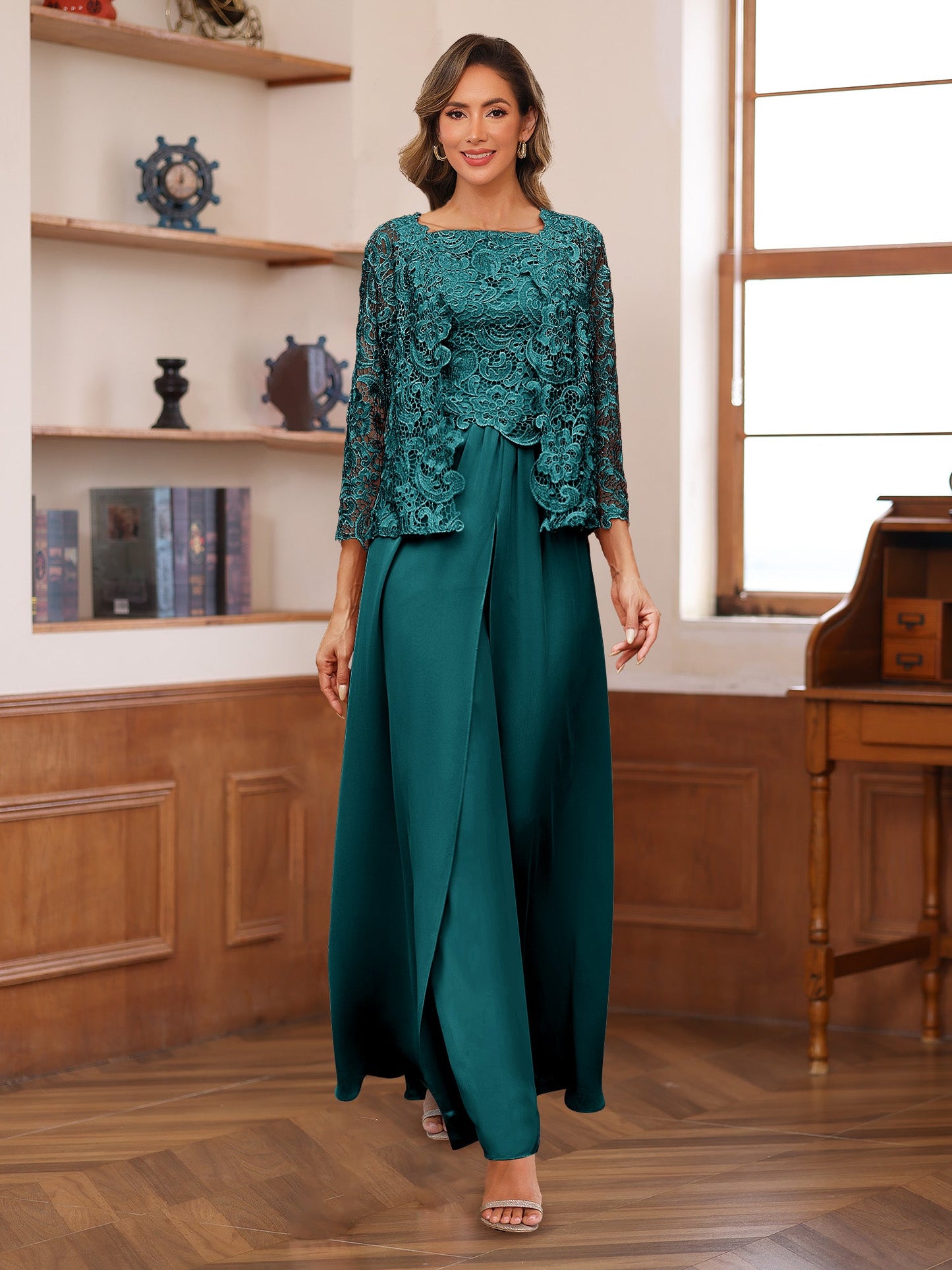Chiffon Square Neck 3/4 Sleeves 3 Pieces Pantsuits with Appliques