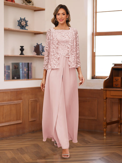 Chiffon Square Neck 3/4 Sleeves 3 Pieces Pantsuits with Appliques