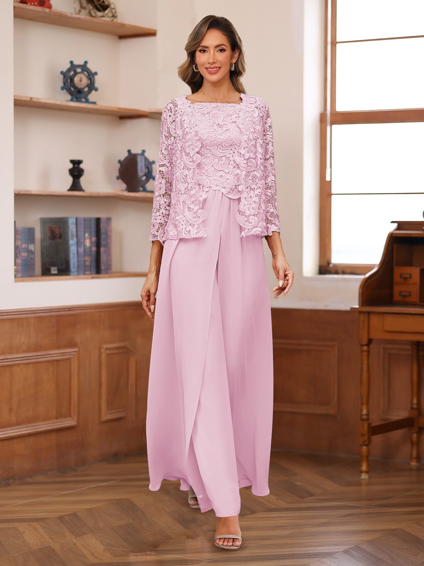 Chiffon Square Neck 3/4 Sleeves 3 Pieces Pantsuits with Appliques