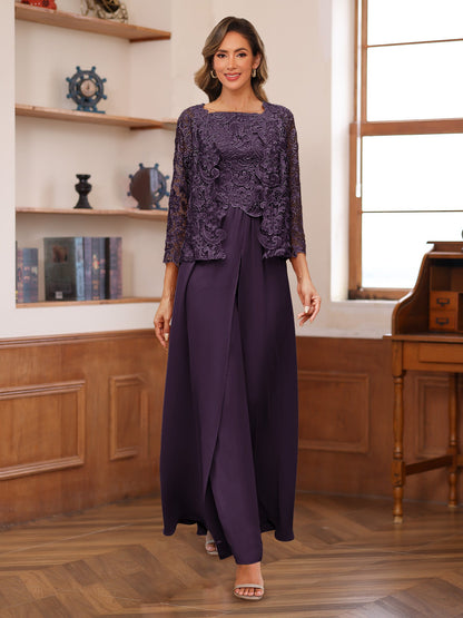 Chiffon Square Neck 3/4 Sleeves 3 Pieces Pantsuits with Appliques