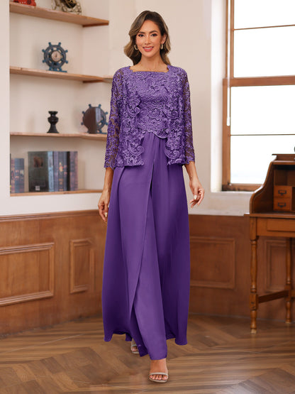 Chiffon Square Neck 3/4 Sleeves 3 Pieces Pantsuits with Appliques