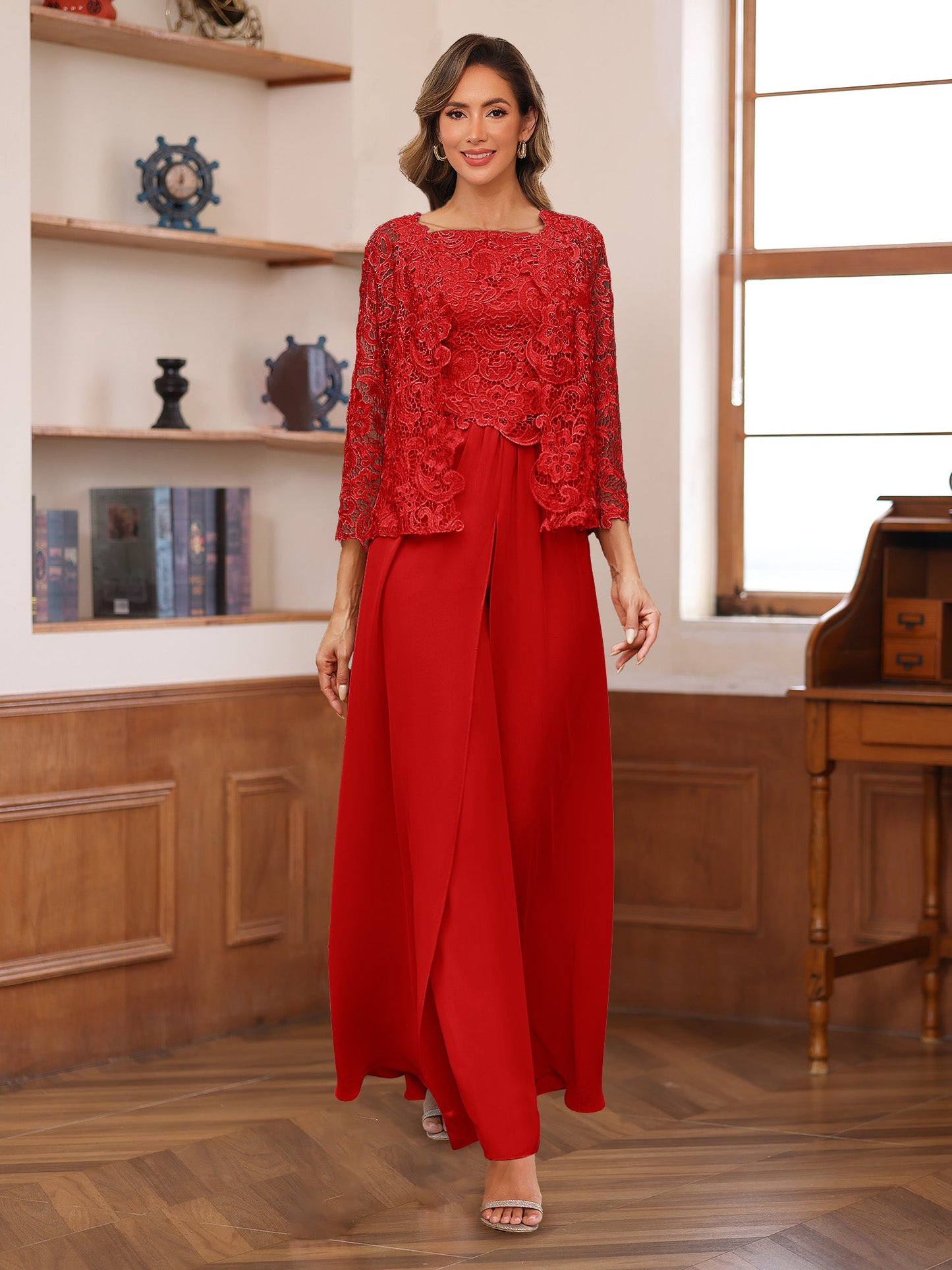 Chiffon Square Neck 3/4 Sleeves 3 Pieces Pantsuits with Appliques