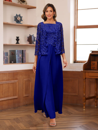 Chiffon Square Neck 3/4 Sleeves 3 Pieces Pantsuits with Appliques