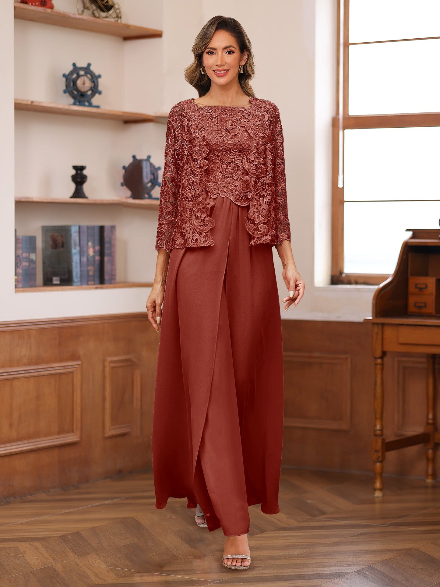 Chiffon Square Neck 3/4 Sleeves 3 Pieces Pantsuits with Appliques