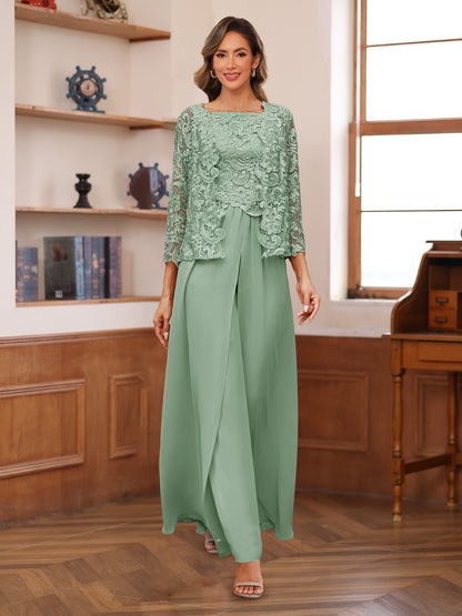 Chiffon Square Neck 3/4 Sleeves 3 Pieces Pantsuits with Appliques
