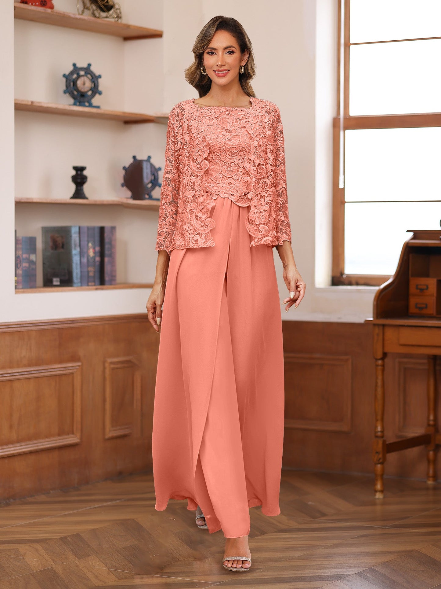 Chiffon Square Neck 3/4 Sleeves 3 Pieces Pantsuits with Appliques