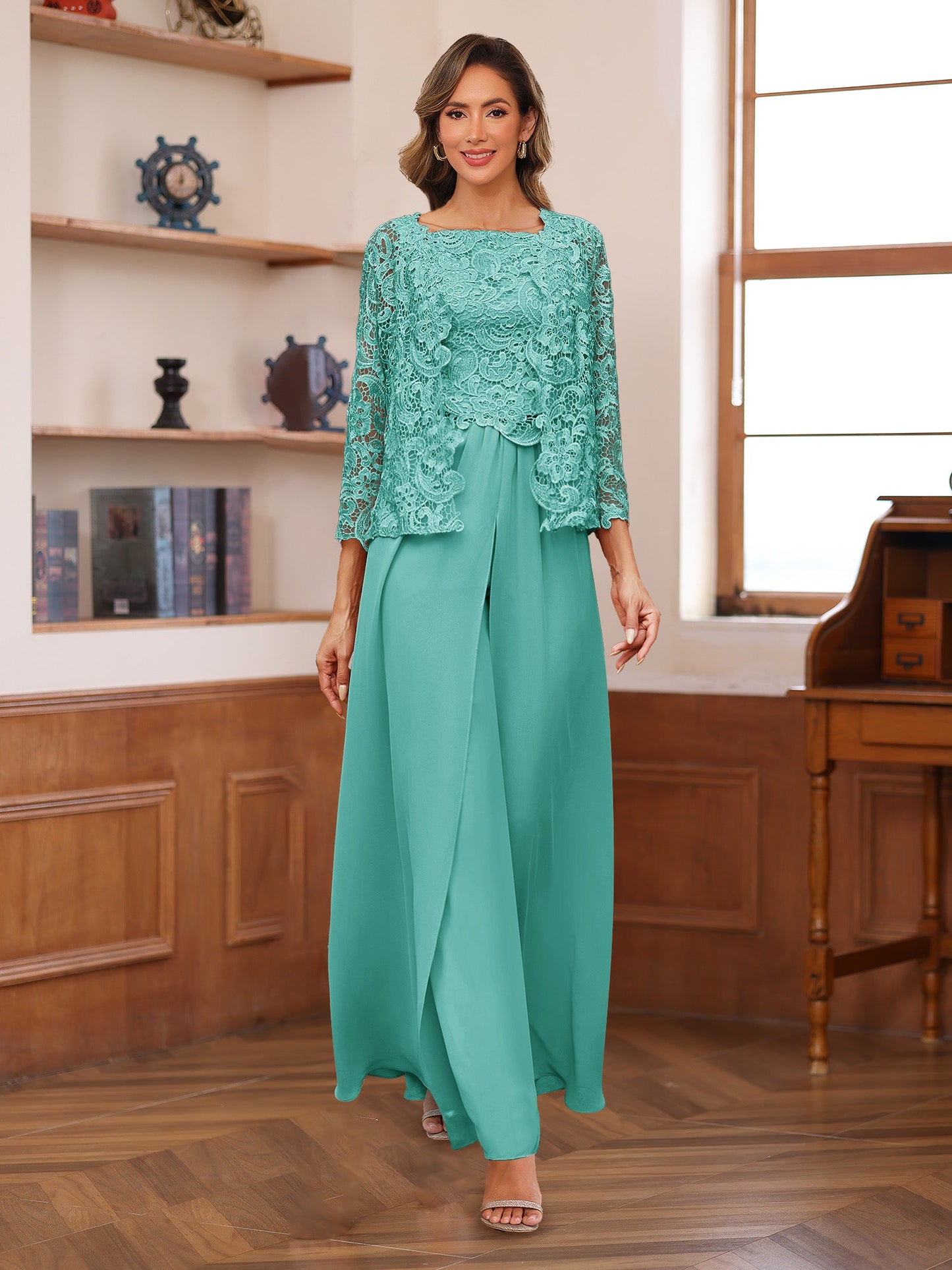Chiffon Square Neck 3/4 Sleeves 3 Pieces Pantsuits with Appliques