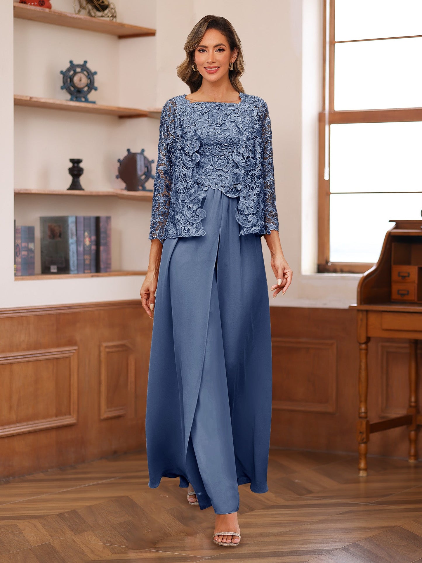 Chiffon Square Neck 3/4 Sleeves 3 Pieces Pantsuits with Appliques