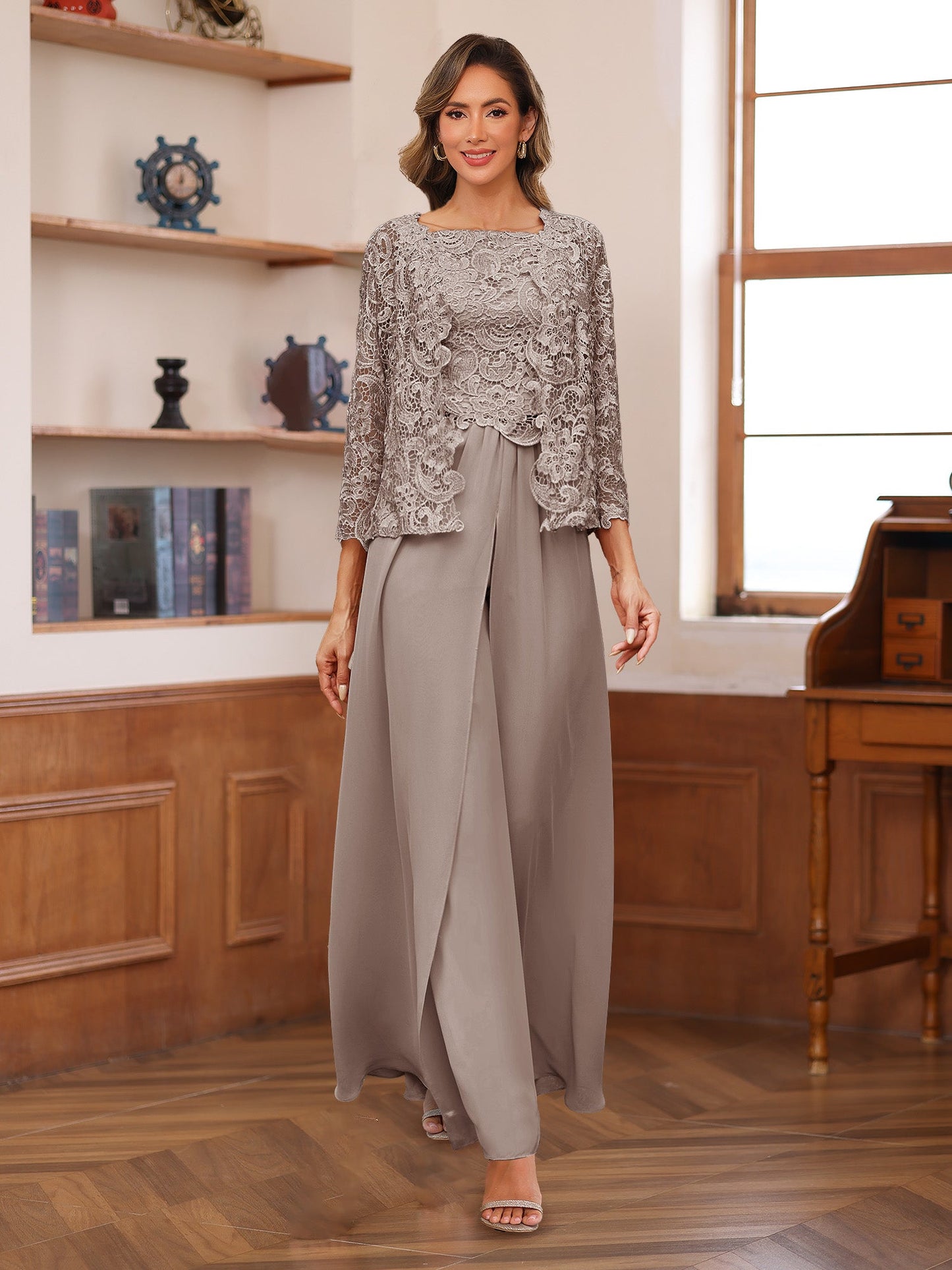 Chiffon Square Neck 3/4 Sleeves 3 Pieces Pantsuits with Appliques