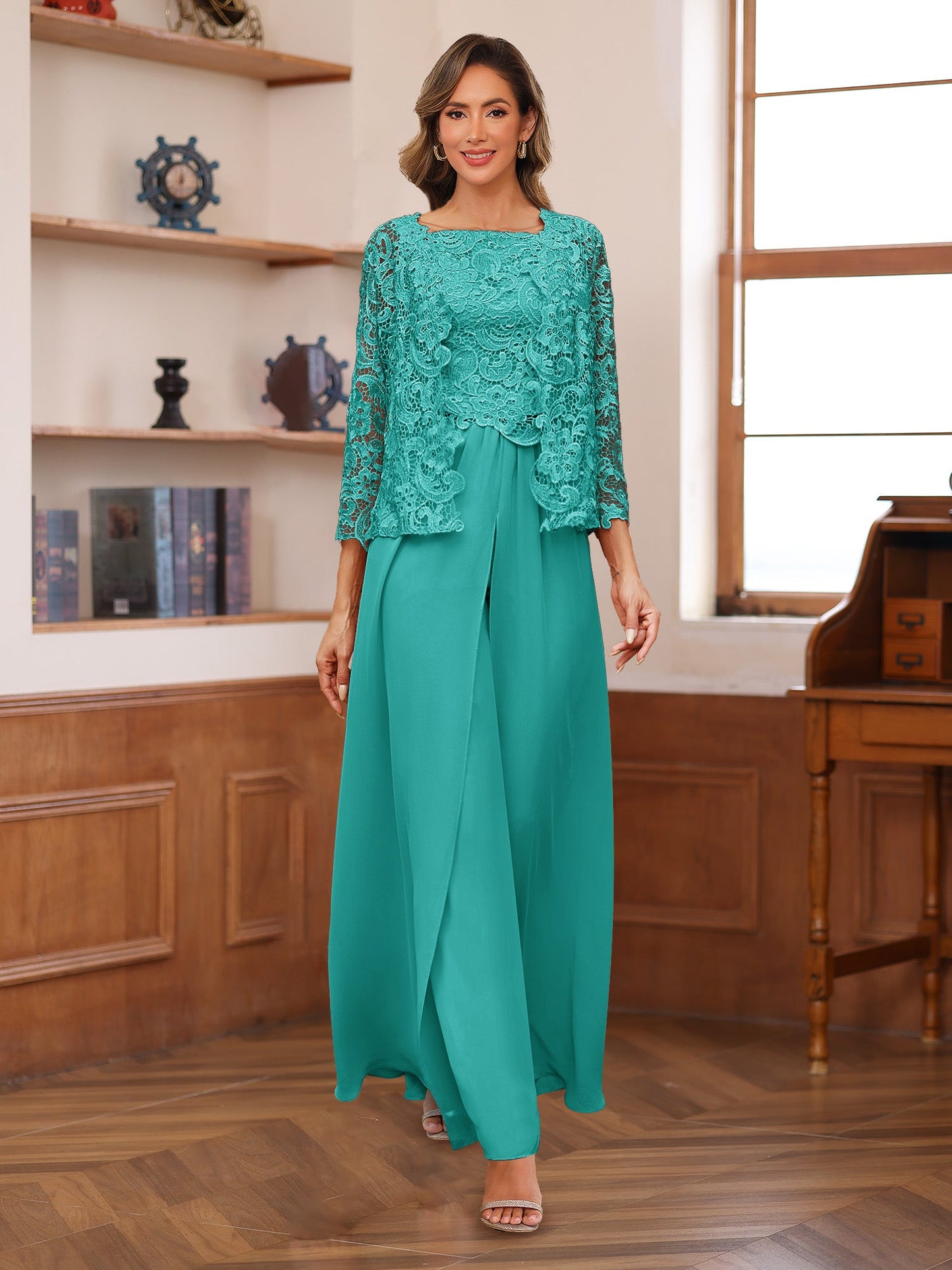 Chiffon Square Neck 3/4 Sleeves 3 Pieces Pantsuits with Appliques