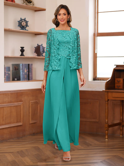 Chiffon Square Neck 3/4 Sleeves 3 Pieces Pantsuits with Appliques