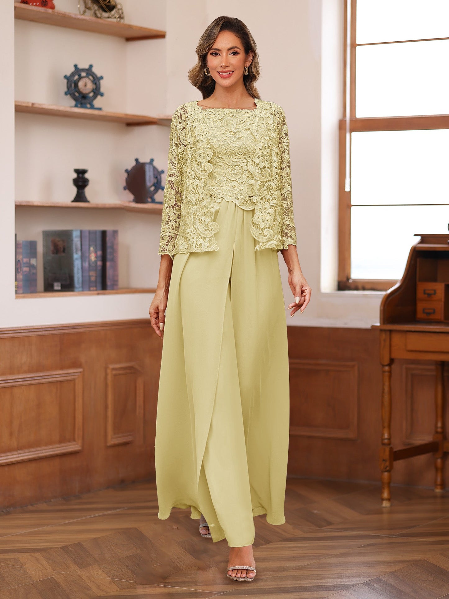 Chiffon Square Neck 3/4 Sleeves 3 Pieces Pantsuits with Appliques