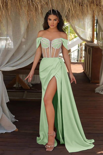 Off the Shoulder Mermaid Prom Dress Beadings Split with Ruffles