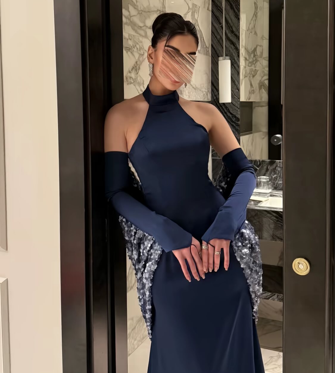 Blue Halter Mermaid Detachabl Long Sleeve Shawl Sequins Evening Dress