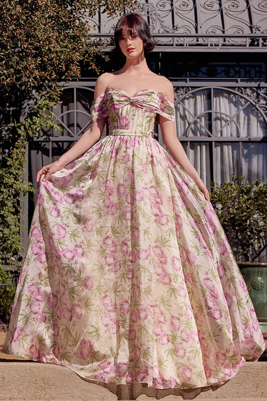 Flowers Floral Print Off the Shoulder Sleeveless A-Line Floor-Length Prom Dress