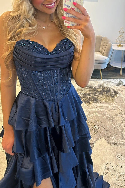 A-Line Strapless Navy Blue Ruffle Tiered Satin Long Prom Dress