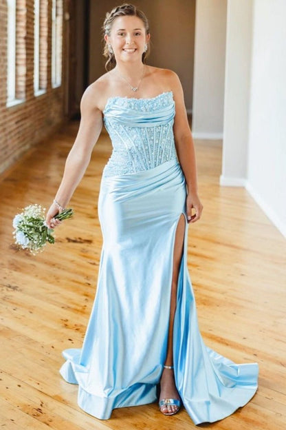 Strapless Scoop Pleats High Slit Mermaid Sleeveless Long Prom Dress