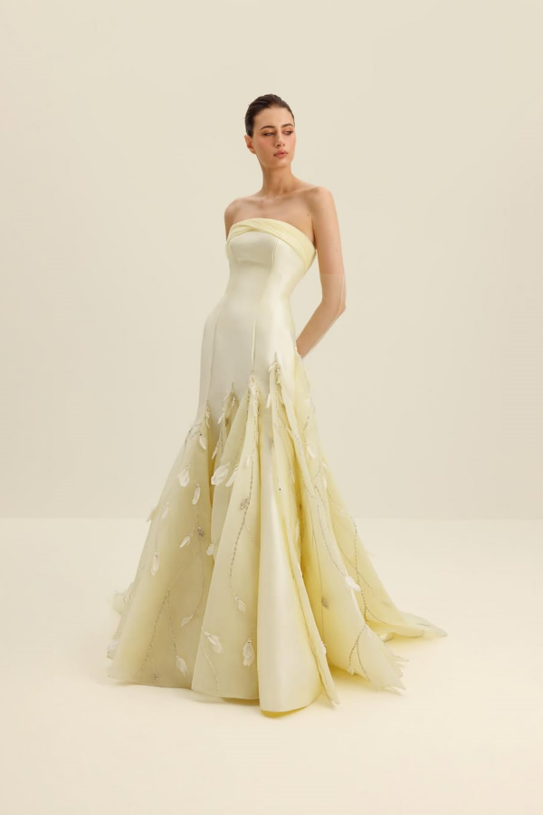 Light Yellow Strapless Mermaid Prom Dress With Feathers XJ0186
