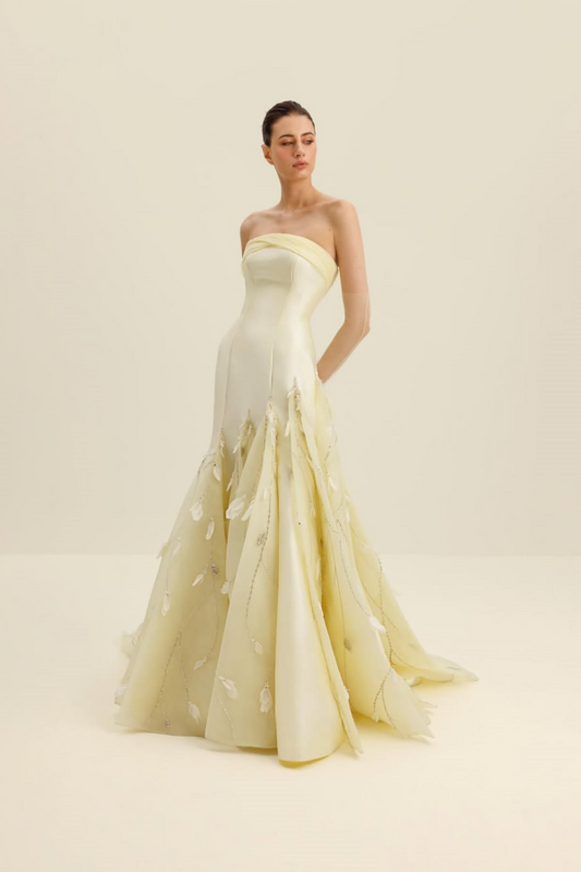 Light Yellow Strapless Mermaid Prom Dress With Feathers XJ0186