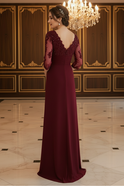 Elegant Burgundy Lace Applique V-Neck Mother of the Bride Dress