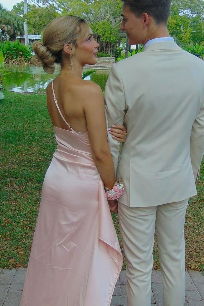 Sage Green One Shoulder Pleats Long Prom Dresses with Slit