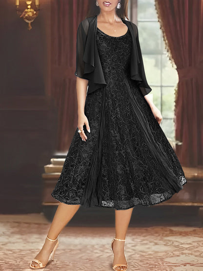 A-Line Scoop Half Sleeves Tea-Length Mother of the Bride Dress