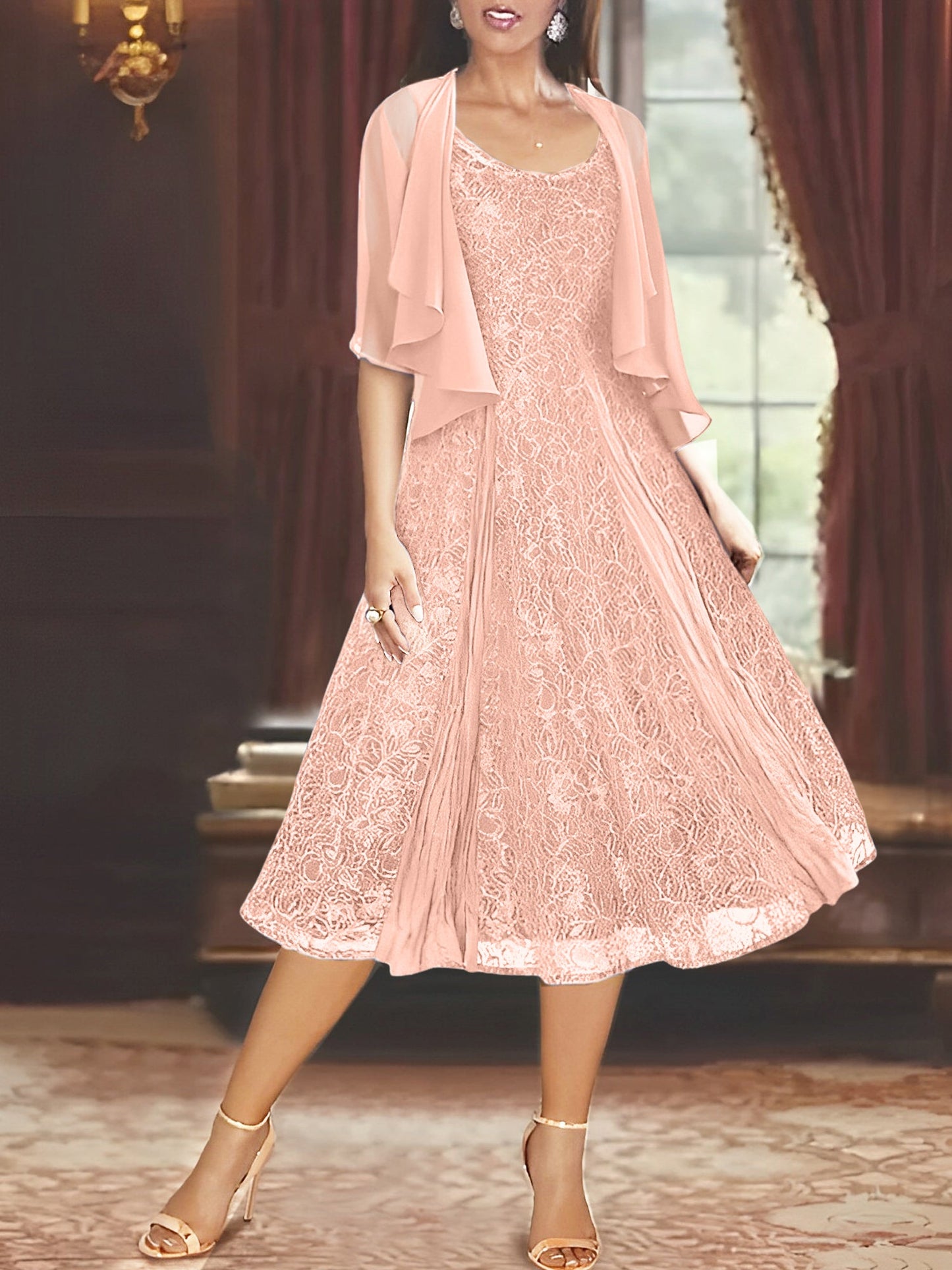A-Line Scoop Half Sleeves Tea-Length Mother of the Bride Dress