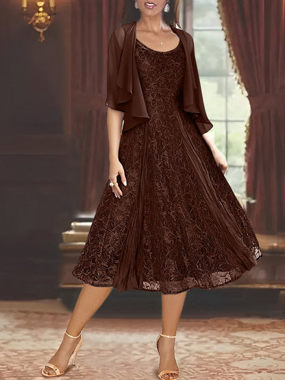 A-Line Scoop Half Sleeves Tea-Length Mother of the Bride Dress