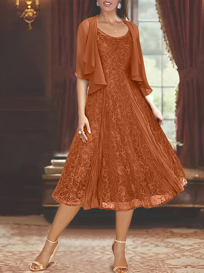 A-Line Scoop Half Sleeves Tea-Length Mother of the Bride Dress