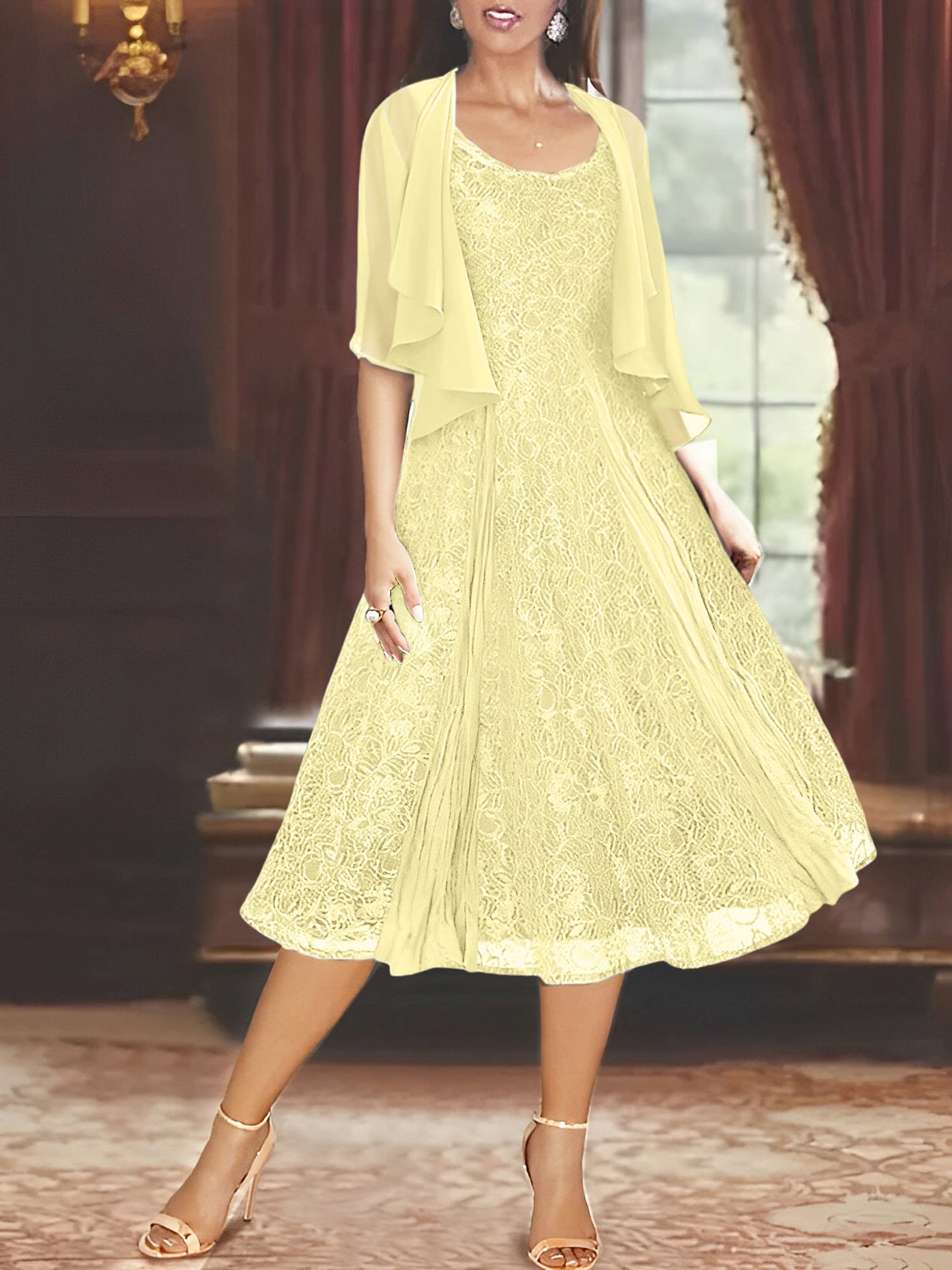 A-Line Scoop Half Sleeves Tea-Length Mother of the Bride Dress
