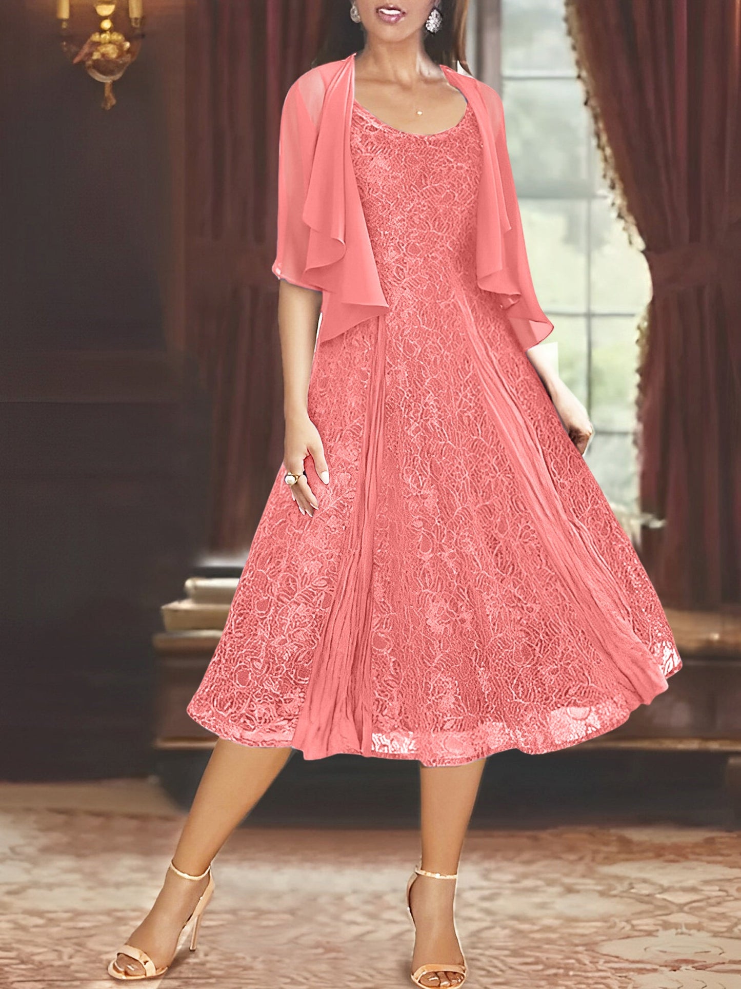 A-Line Scoop Half Sleeves Tea-Length Mother of the Bride Dress
