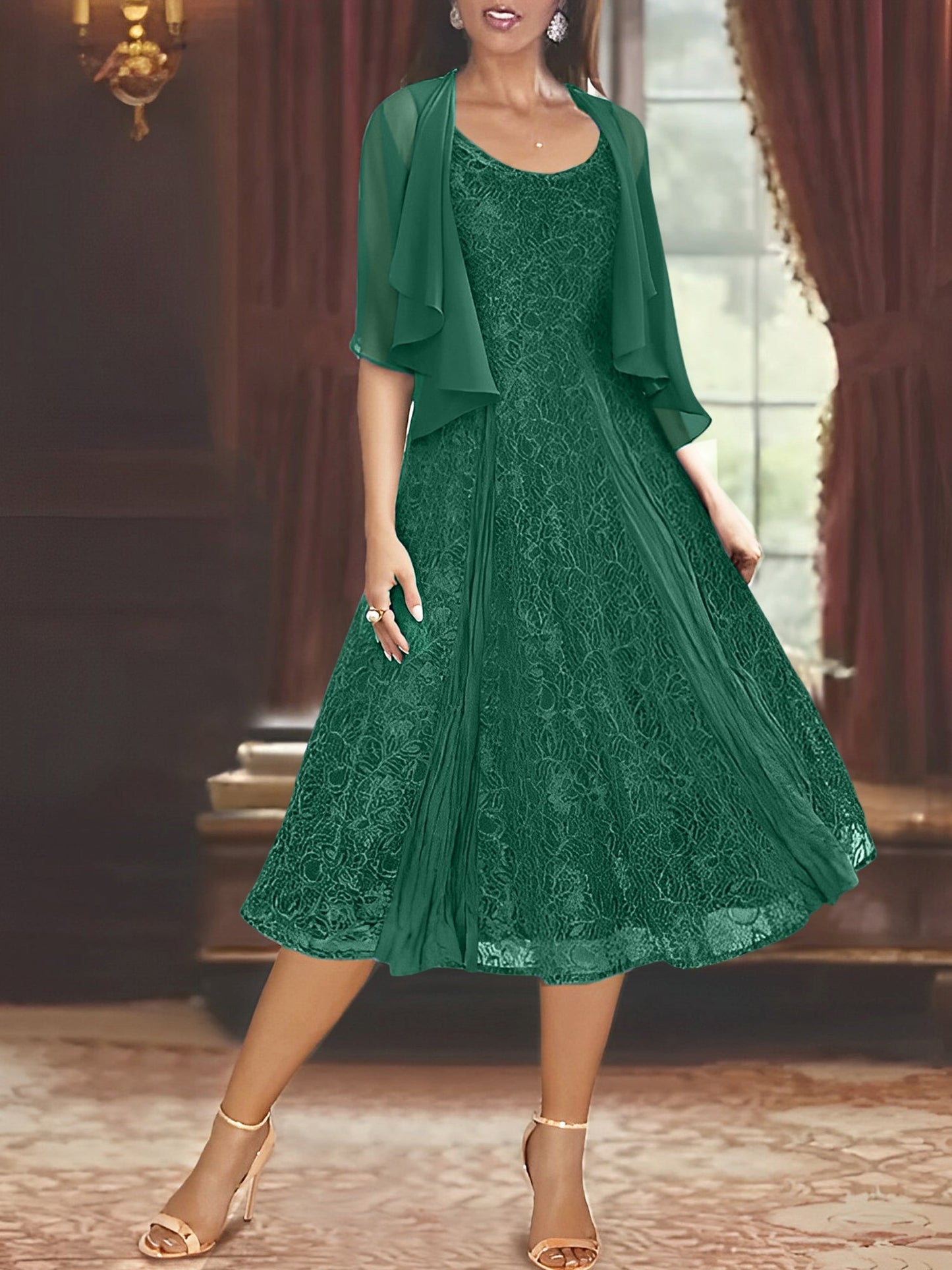 A-Line Scoop Half Sleeves Tea-Length Mother of the Bride Dress