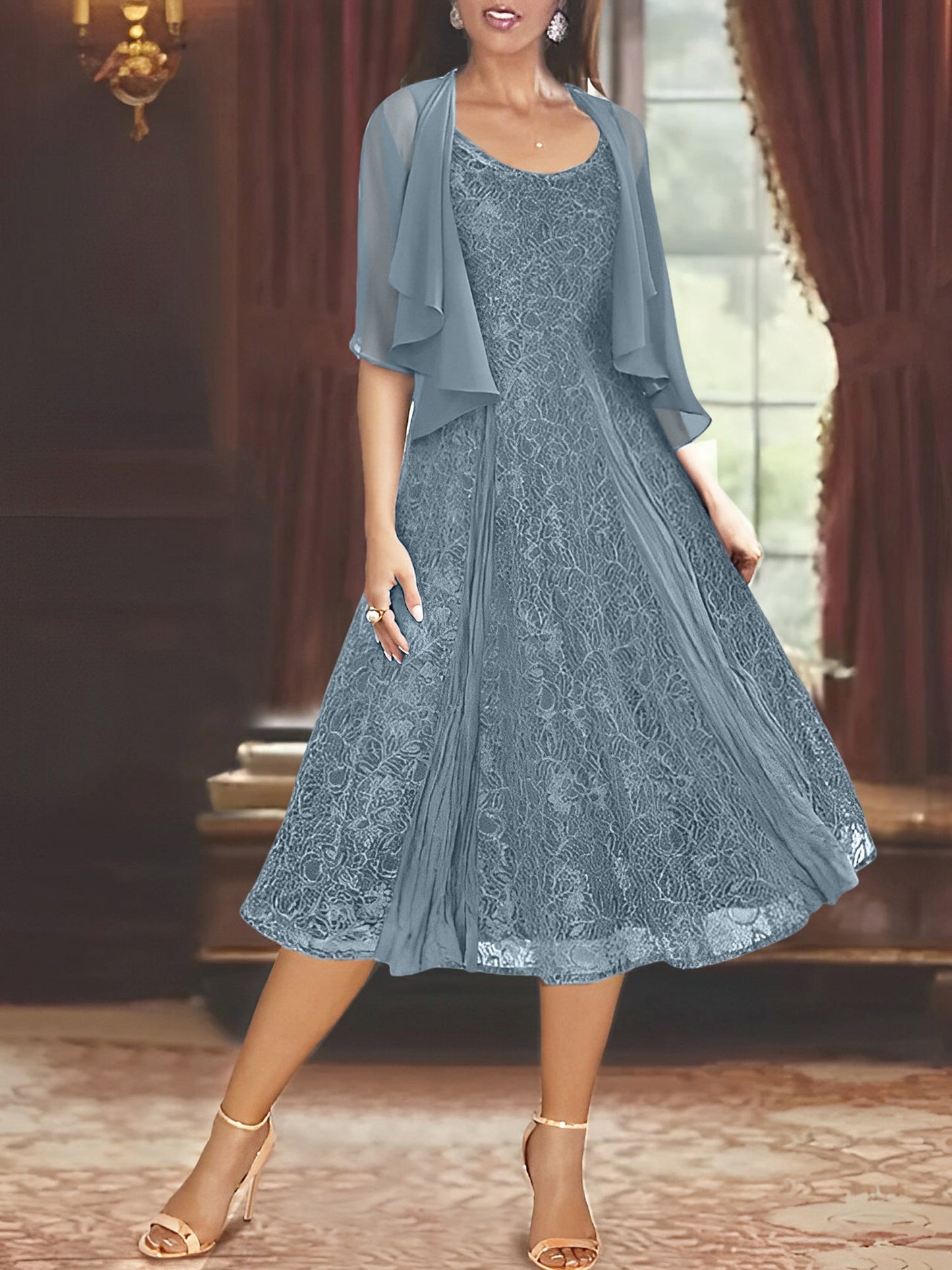 A-Line Scoop Half Sleeves Tea-Length Mother of the Bride Dress