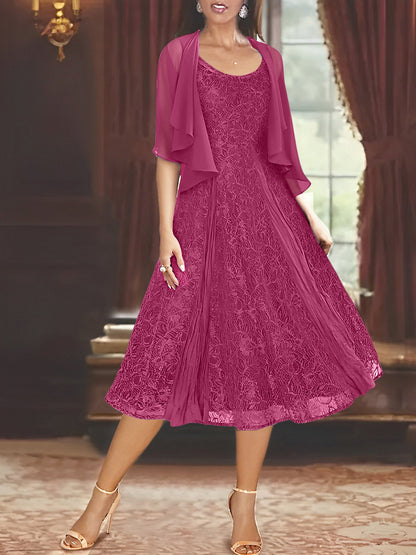 A-Line Scoop Half Sleeves Tea-Length Mother of the Bride Dress