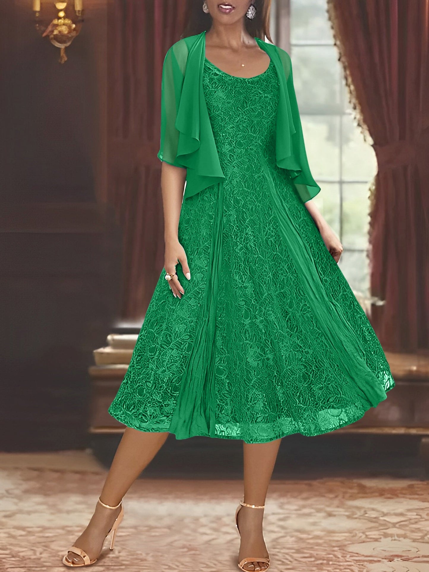 A-Line Scoop Half Sleeves Tea-Length Mother of the Bride Dress