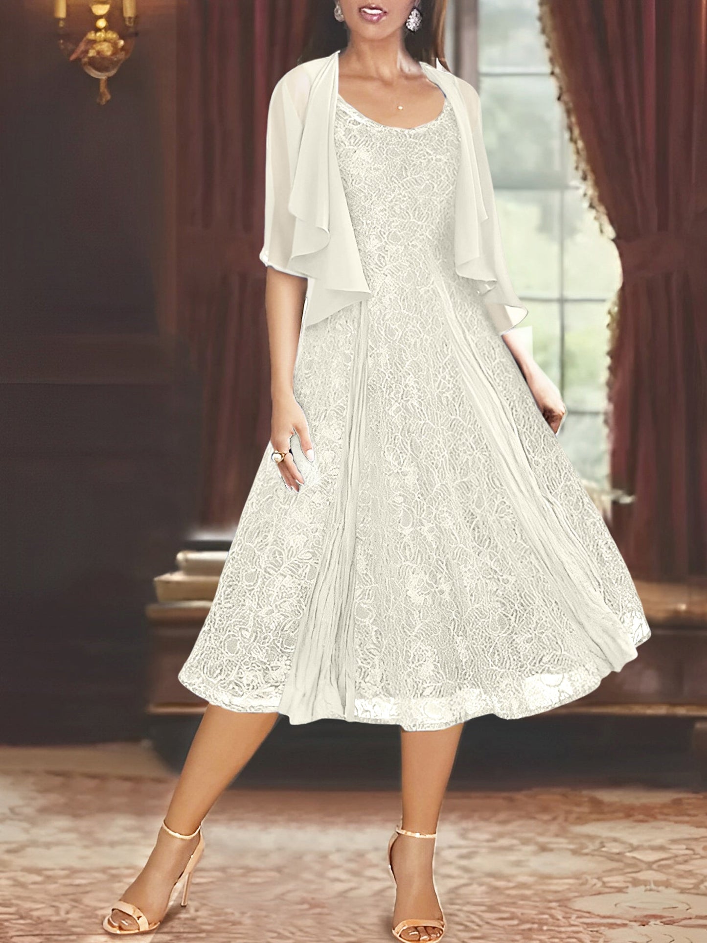 A-Line Scoop Half Sleeves Tea-Length Mother of the Bride Dress