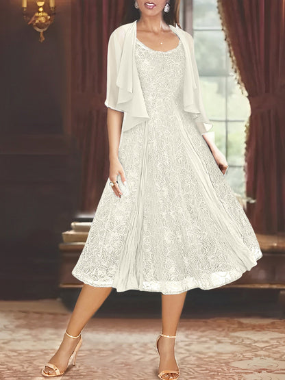 A-Line Scoop Half Sleeves Tea-Length Mother of the Bride Dress