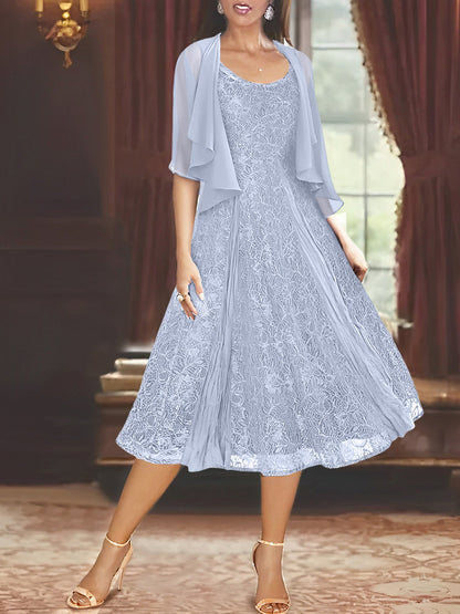 A-Line Scoop Half Sleeves Tea-Length Mother of the Bride Dress