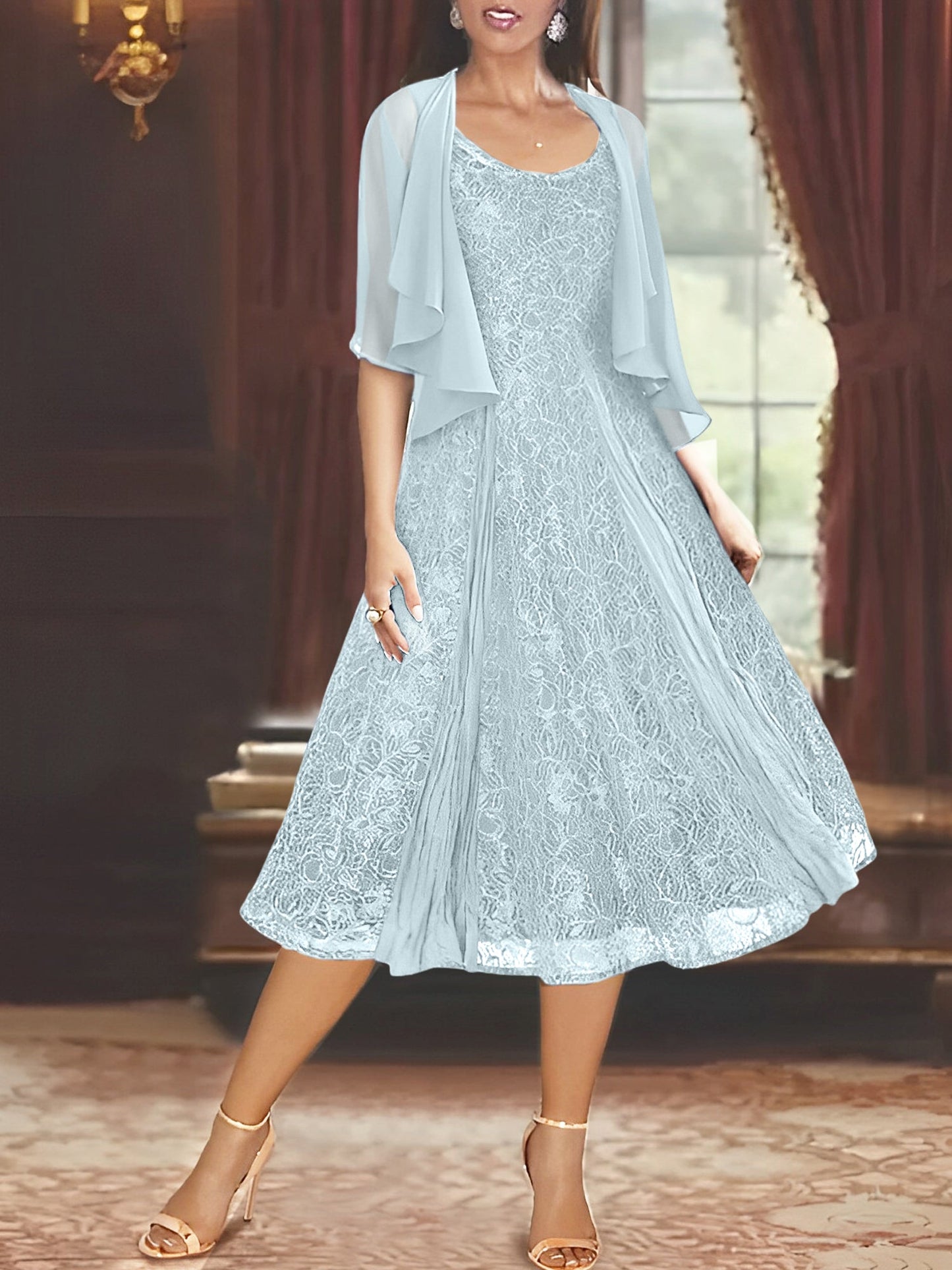 A-Line Scoop Half Sleeves Tea-Length Mother of the Bride Dress