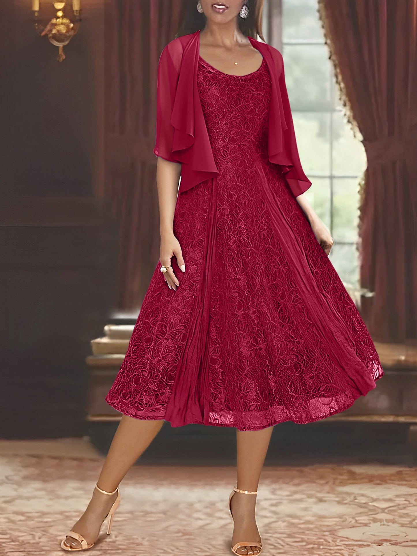 A-Line Scoop Half Sleeves Tea-Length Mother of the Bride Dress