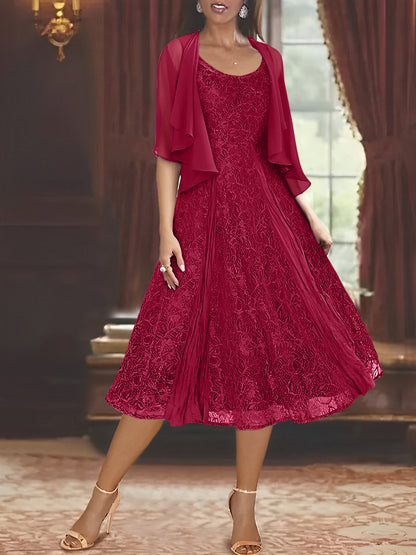 A-Line Scoop Half Sleeves Tea-Length Mother of the Bride Dress