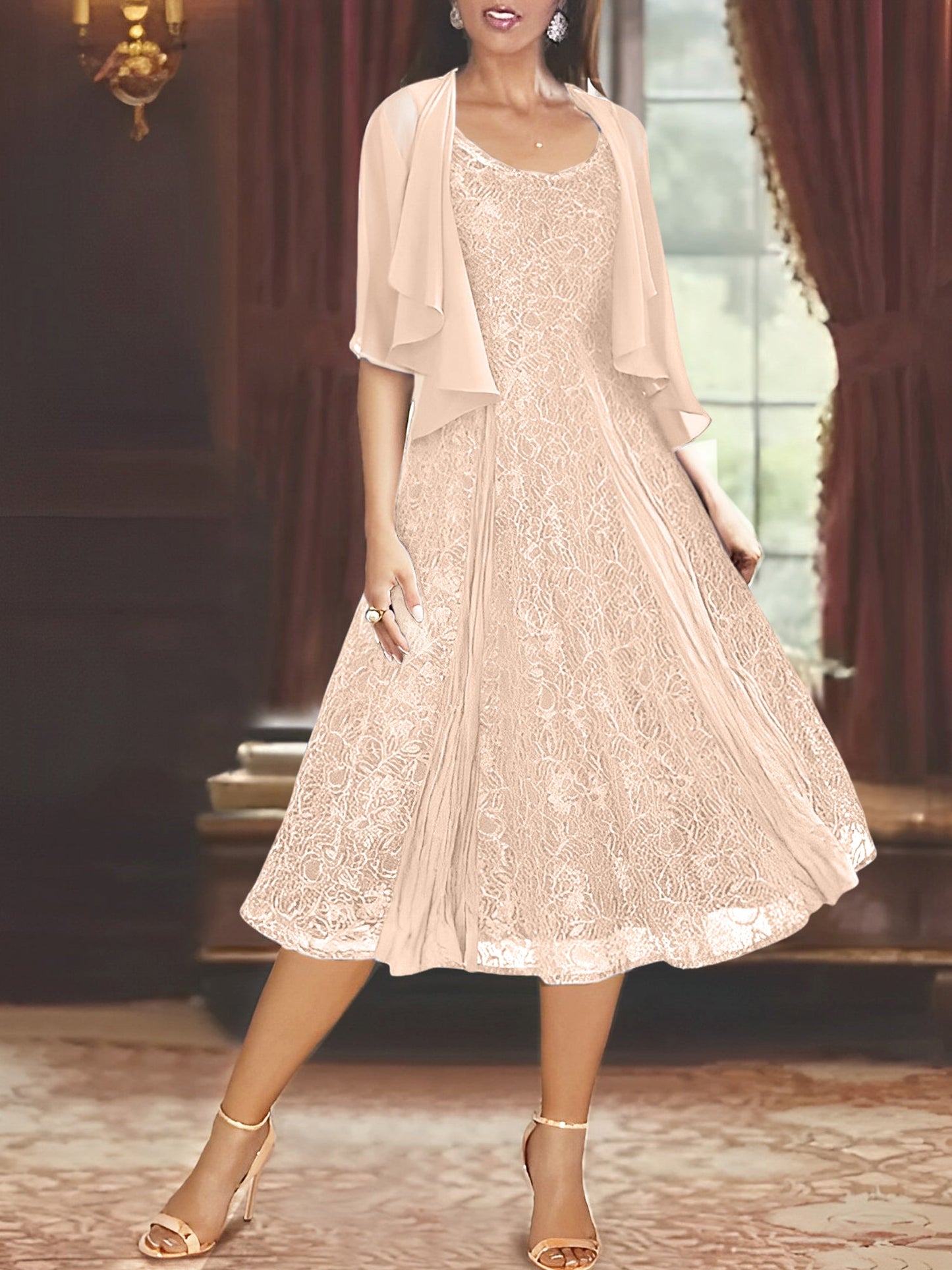 A-Line Scoop Half Sleeves Tea-Length Mother of the Bride Dress
