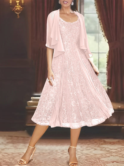 A-Line Scoop Half Sleeves Tea-Length Mother of the Bride Dress