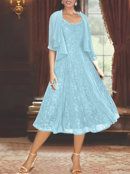A-Line Scoop Half Sleeves Tea-Length Mother of the Bride Dress