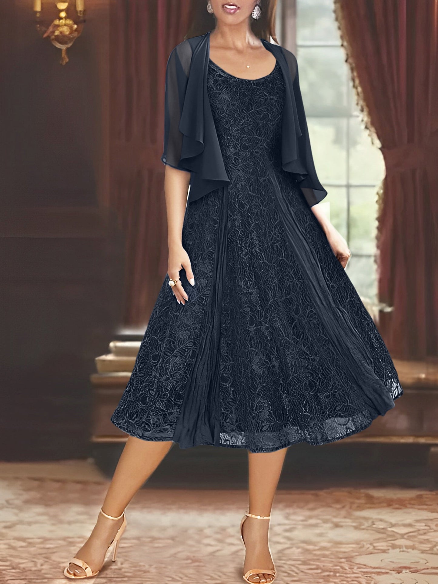 A-Line Scoop Half Sleeves Tea-Length Mother of the Bride Dress